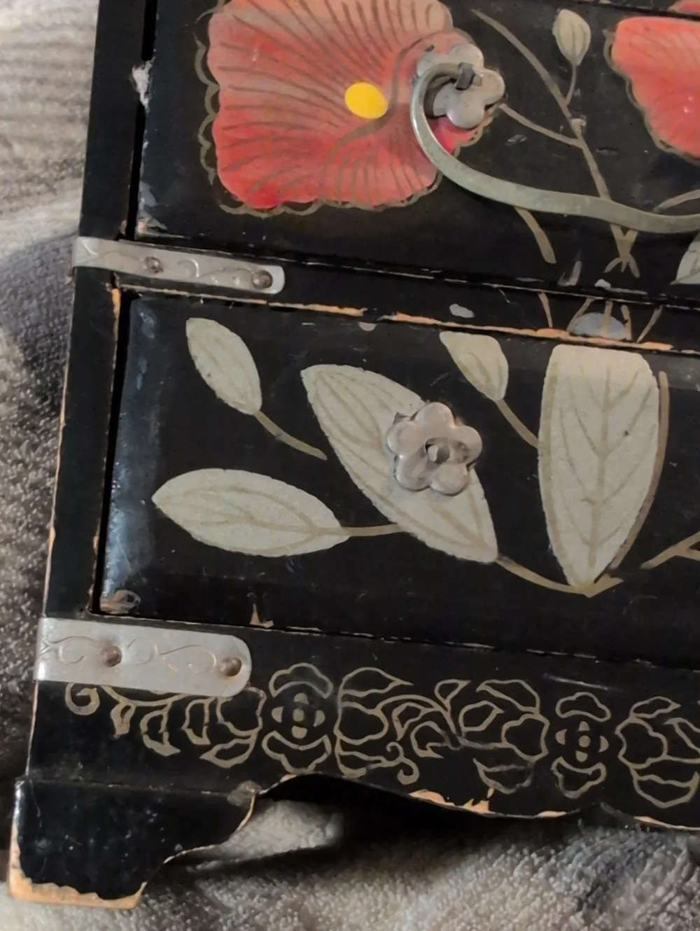 Vintage Japan Miniature Black Wood Ornate Floral Storage Chest Trinket Box